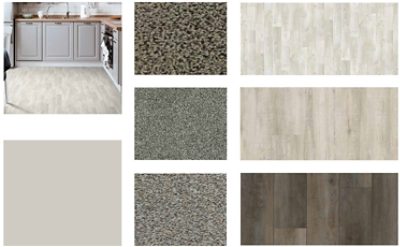 A collection of floorcovering substrates and a kitchen.