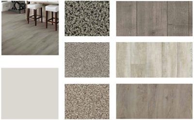 A collection of floorcovering substrates and kitchen island with barstools with white seats.