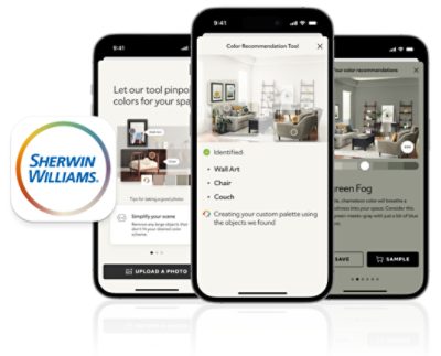 Three phone screens with Sherwin-Williams Color Expert App.