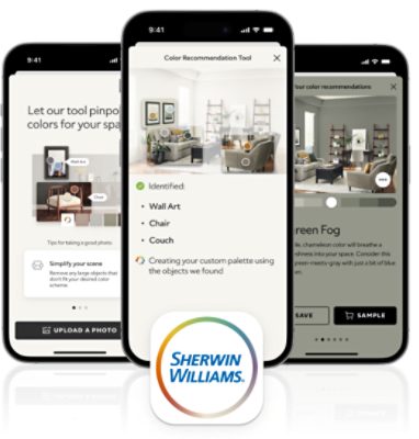 Three phone screens with Sherwin-Williams Color Expert App.