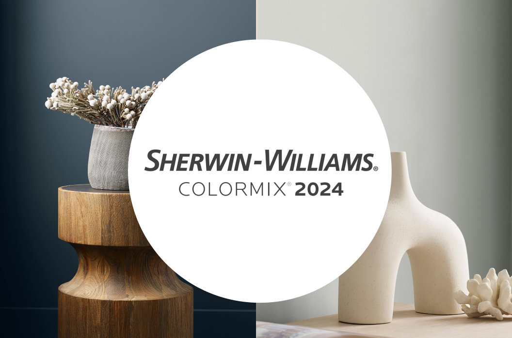 An arrangement of ornaments against a backdrop of colours from Sherwin-Williams Colormix 2024 range.