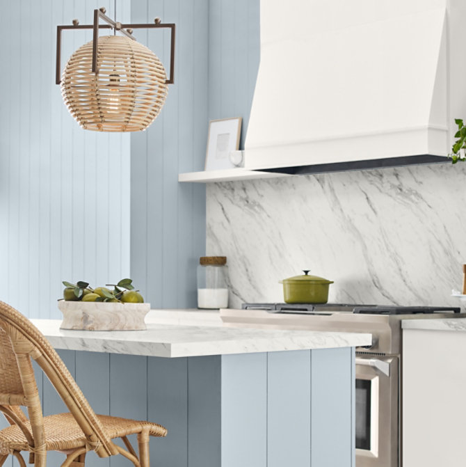 Left side three quarter view of a kitchen painted in Sherwin-Williams Colour of the Year, Upward – SW 6239
