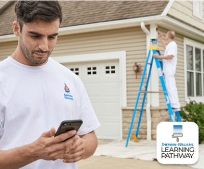 Sherwin-Williams Learning Pathway. A person standing in front of a home on his phone. A painter on a ladder painting house siding.