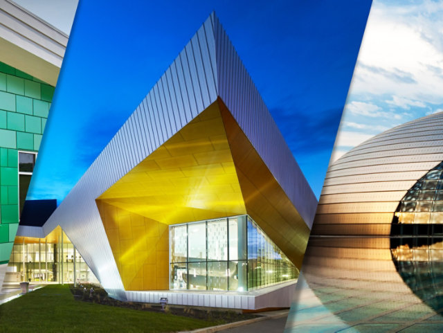 Collage of 3 buildings: Theyer Senior High School, Commonwealth Community Recreation Centre, and National Centre for the Performing Arts