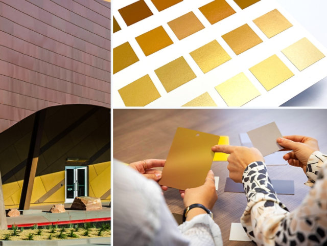 Collage of 3 images: T-Mobile Arena, close up of Fluropon Continuum color card document, and a photo of two people's hands holding coating swatches