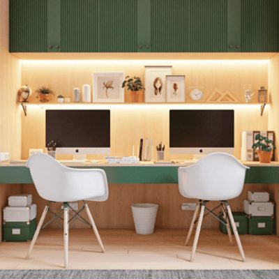 An office with duel macs and white chairs with trim and cabinets painted in kale green sw 6460 by @archierender.