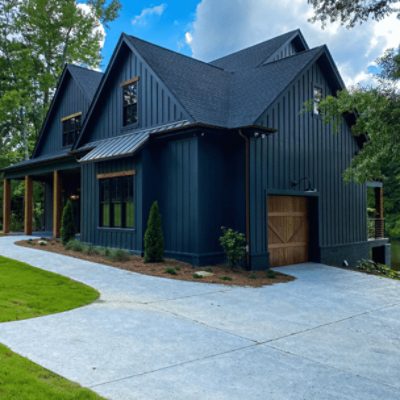 A modern home with an exterior painted in iron ore sw 7069 by @birdsong.