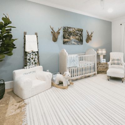 A nursery painted in silvermist sw 7621 by @crawfordcollaborative.