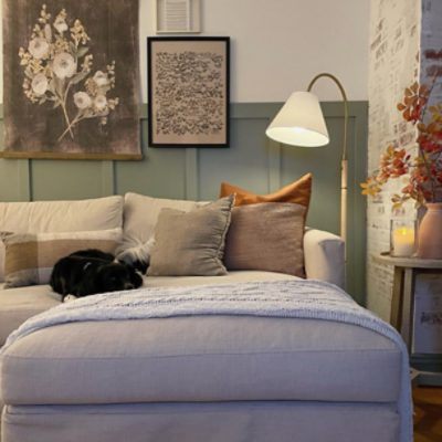 A living room with a sectional sofa with a cute black dog and pillows next to a lamp and white washed brick wall. Artwork hangs on the back wall with the bottom half being a batten board wall painted with SW 9130 Evergreen Fog.