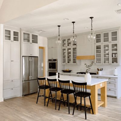 A large open kitchen with an island painted in light french gray sw 0055 by @happilyeverafterinrosharon.