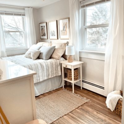 Bedroom painted in Eider White SW 7014 by @heidiannd.