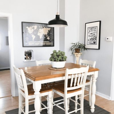 A dining area painted in passive sw 7064 by @houseandthyme.