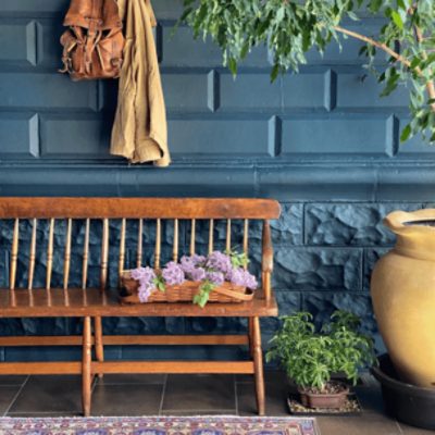 A wooden bench with some plants next to it in a large yellow pot against a coated concrete wall in SW 6992 Inkwell.