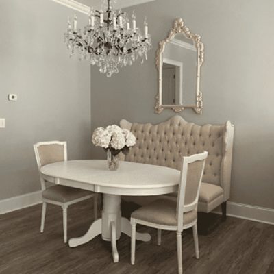 A dining room painted in light french gray sw 0055 by @kateleigh3.