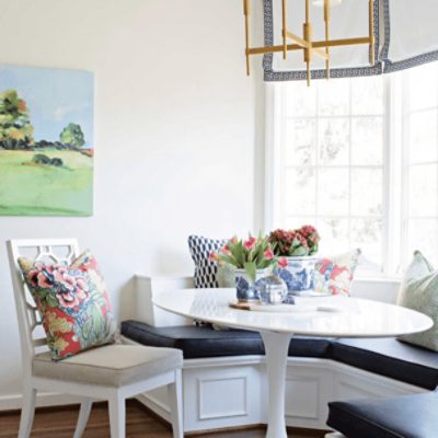 A breakfast nook painted in natural choice sw 7011 by @mldesignkc.
