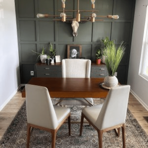 Dining room with Sherwin Williams 2020 color of the year Urbane bronze SW 7048.