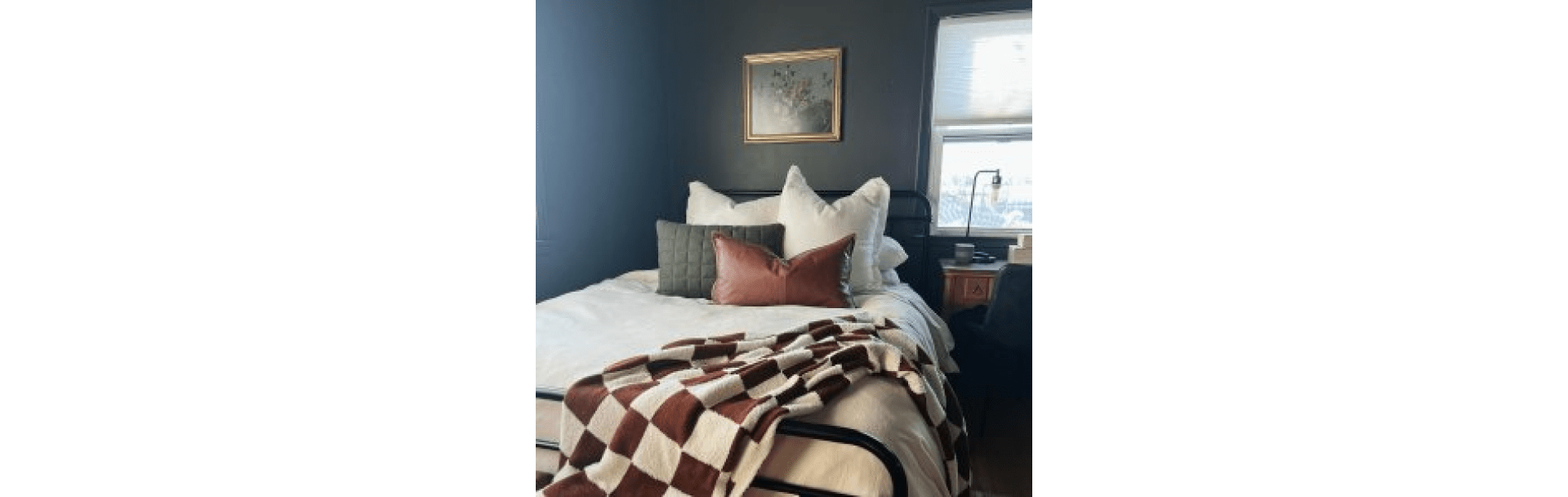 Rustic bedroom painted SW 6244 Naval, Sherwin Williams 2020 color of the year.