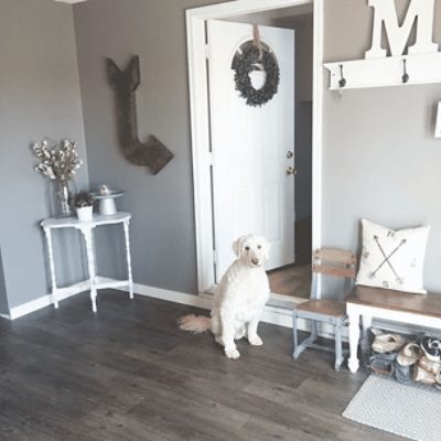 Hallway painted in Dovetail SW 7018 by @our_forever_farmhouse.