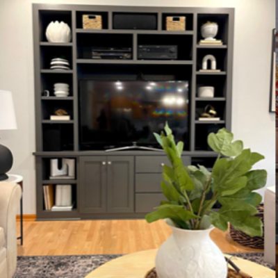 TV Room with a large bookshelf surrounding the tv full of decor, done by peppercorn paulanessinteriordesign.