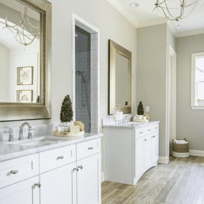 Bathroom painted in Colonnade Gray SW 7641 by @shumanmabeinteriors.