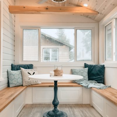 A breakfast nook painted with westhighland white sw 7566 by @flippingnuts.