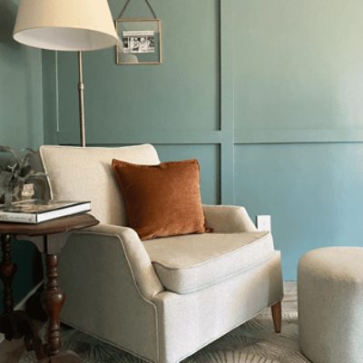 A sitting area painted in studio blue green sw 0047 by @lifeonsomervilleln.