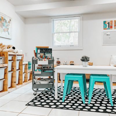 A children's playroom painted in snowbound sw 7004 by @theminimalistmethod.