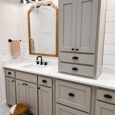 Bathroom painted in Dorian Gray SW 7017 by @theshortstyle.