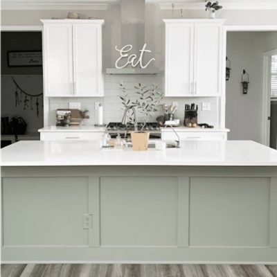 Kitchen painted in Evergreen Fog SW 9130 by @thestofquarters.