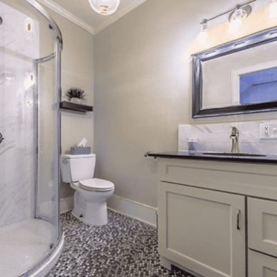 Bathroom painted in Gossamer Veil SW 9165 by @wichitarealestate.