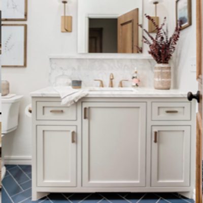 Bright White Bathroom with gold accents, done by worldlygray we3wellingokc.