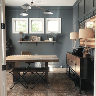 A home office painted in roycroft pewter sw 2848 by @zandcodesigngroup.