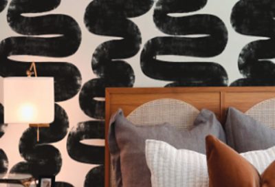 Bedroom with black and white Tempaper Wallpaper.