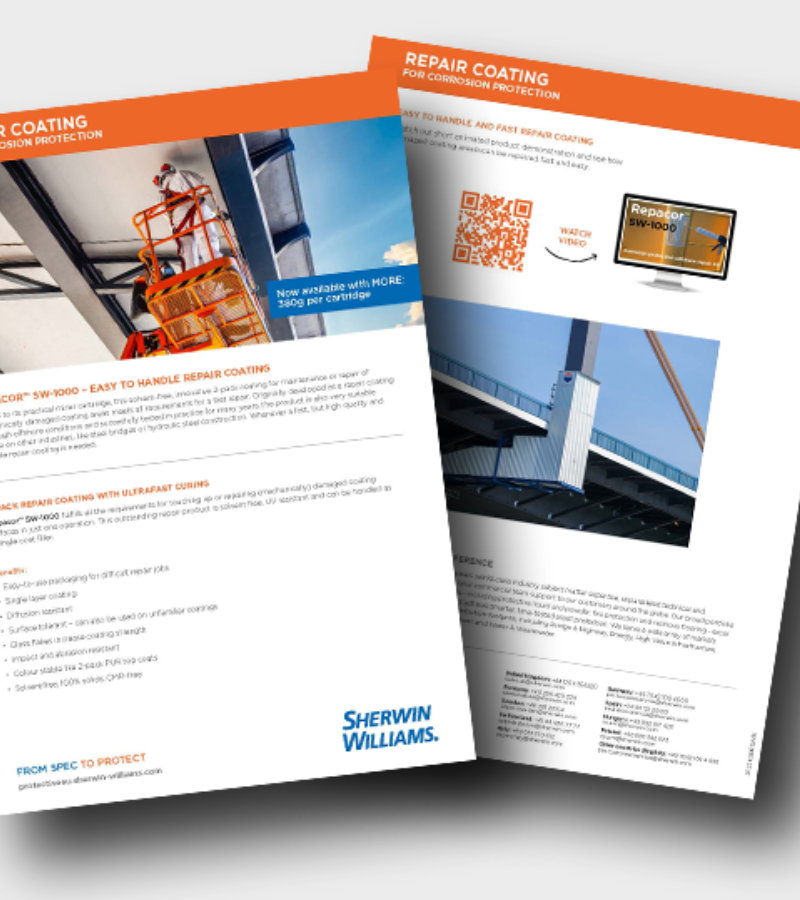 Two-page Sherwin‑Williams product information sheet for REPACOR SW‑1000 repair coating, showing industrial maintenance on structural steel on the cover and an interior page with product details, images, and a QR code.