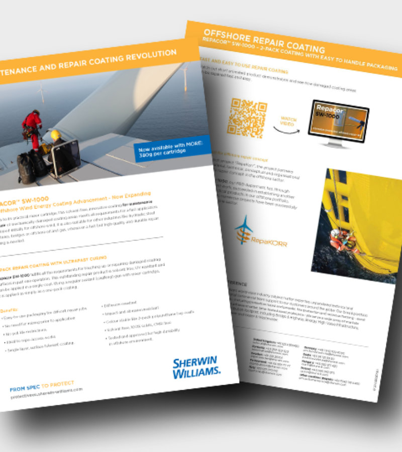 Two-page Sherwin‑Williams product information sheet for REPACOR SW‑1000, showing a wind turbine repair scene on the cover and an interior page with product details, images, and a QR code.”