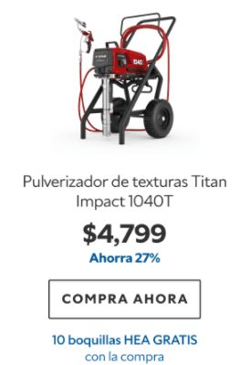 Pulverizador de texturas Titan Impact 1040T. $4799. Ahorra 27%. Compra ahora. 10 boquillas HEA gratis con la compra.