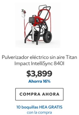Pulverizador eléctrico sin aire Titan Impact IntelliSync 840I. $3899. Ahorra 16%. Compra ahora. 10 boquillas HEA gratis con la compra.
