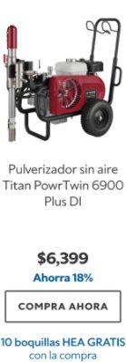 Pulverizador sin aire Titan PowrTwin 6900 Plus DI. $6399. Ahorra 18%. Compra ahora. 10 boquillas HEA gratis con la compra.