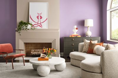 A living room painted Radiant Lilac.