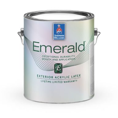 A can of Emerald exterior acrylic latex paint.