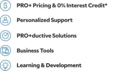 Pro plus pricing and 0% interest credit.* Personalized support. Pro+ductive solutions. Business tools. Learning and development.