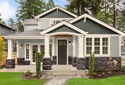 A traditional-style home with light and dark gray paint. S-W Colors featured: SW 6199, SW 7571, SW 6208