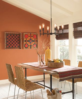 A spice painted living room wall with white ceilings and modern furniture.