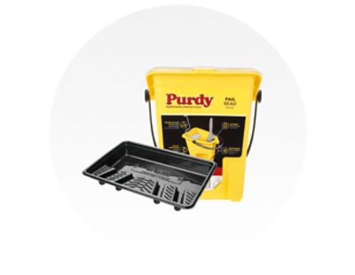 A yellow Purdy paint bucket and black tray.