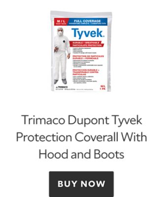 Trimaco Dupont Tyvek Protection Coverall with hood and boots. Buy now.