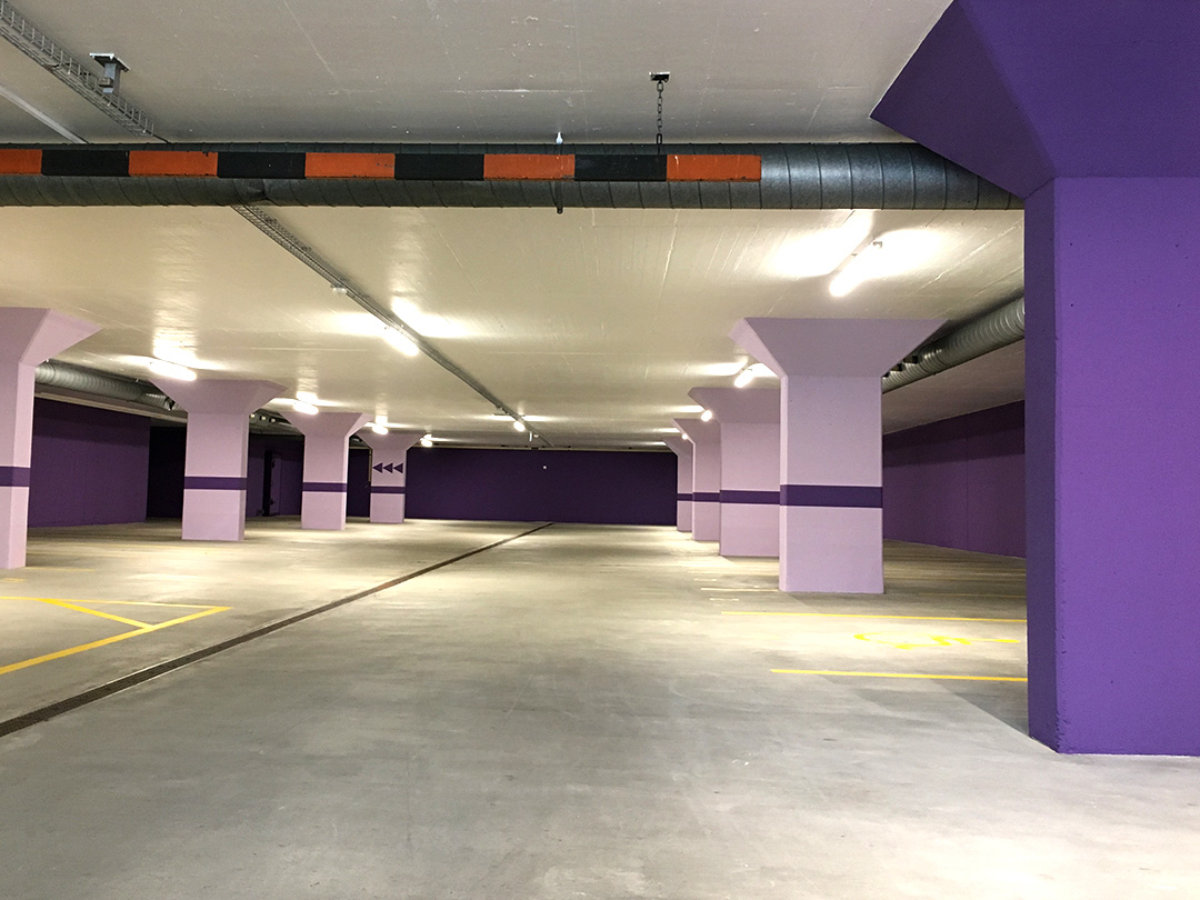 Interior photo of the underground car park at Unterland School Centre, Eschen, Liechtenstein