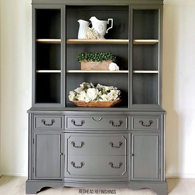 An upcycled grey cabinet. S-W colors featured: SW 7048.
