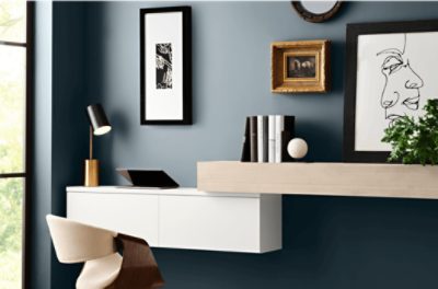 Office painted Sherwin-Williams Rain Cloud SW9639 with a two-tier desk colored light brown and white.