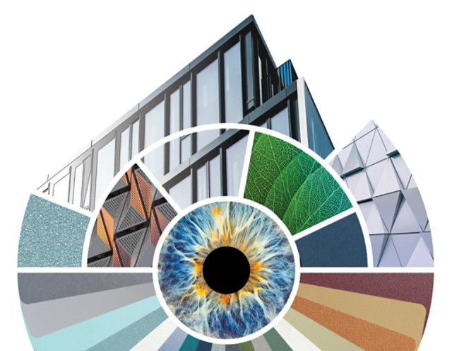 Collage aus Farbmustern und Architekturelementen als Sinnbild für die neue Vision 2030-Pulverlack-Kollektion