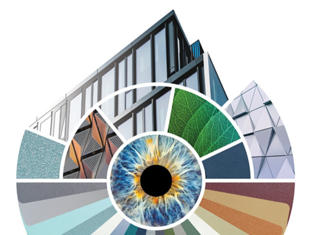 Collage aus Farbmustern und Architekturelementen als Sinnbild für die neue Vision 2030-Pulverlack-Kollektion